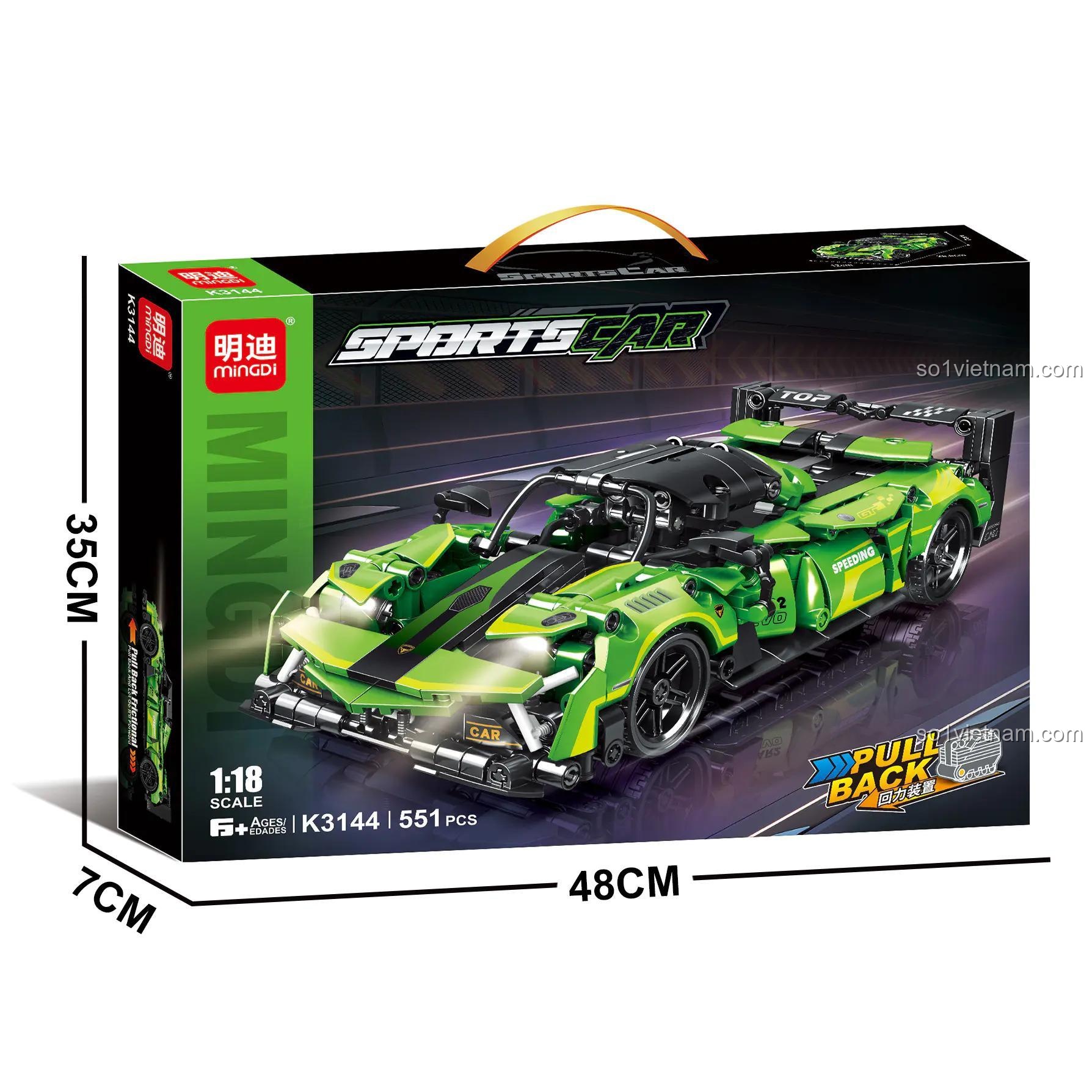 Hộp bộ đồ chơi Mingdi K3144 Xe hồi lực, thể hiện kích thước 48x35x7cm, 551 mảnh ghép, phù hợp bé trai 6 tuổi.