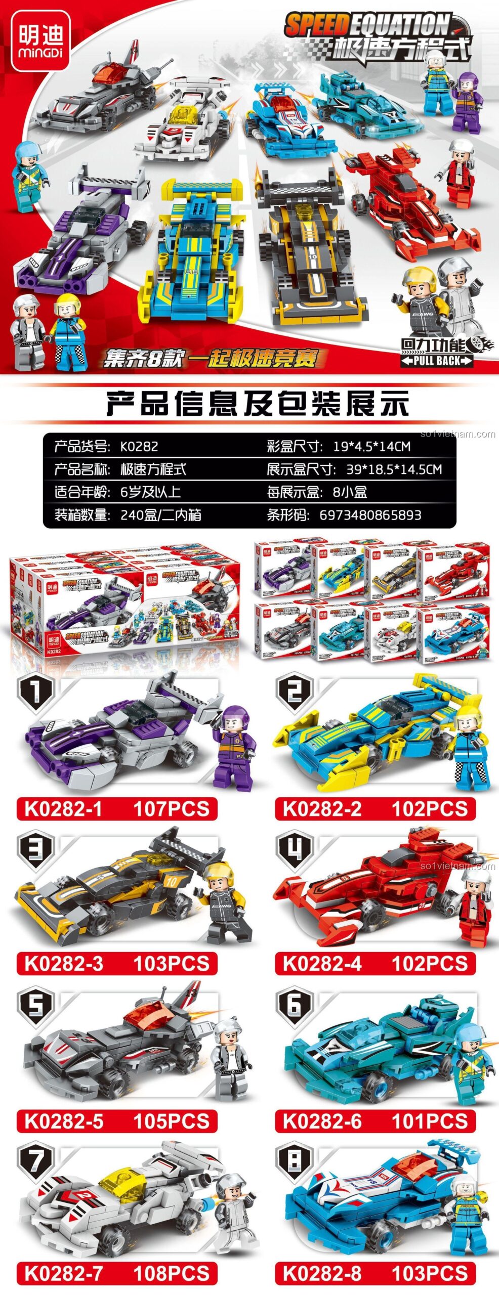 Bộ sưu tập xe đua Mingdi K0282, đồ chơi lắp ráp xe đua công thức, đồ chơi mô hình xe đua F1 giá rẻ cho bé trai 6 tuổi.