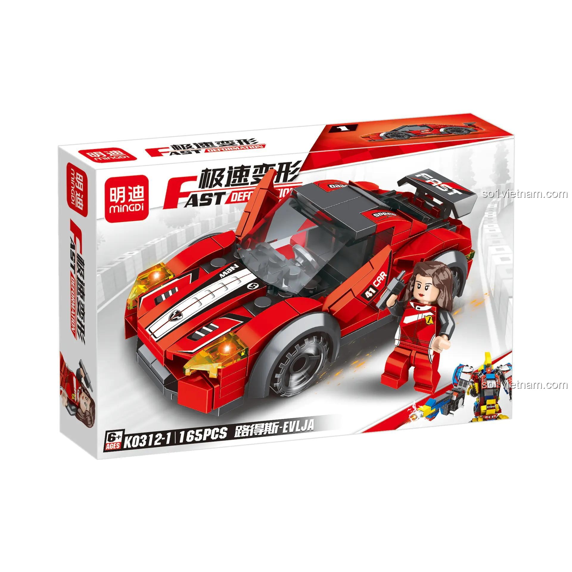 Đồ chơi lắp ráp Mingdi K0312-1 xe đua đỏ biến hình, chất lượng cao cho bé trai 6 tuổi