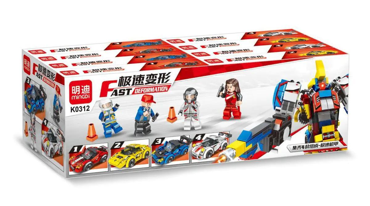 Bộ lắp ghép Xe đua biến hình Mingdi K0312 giá tốt cho bé trai 6 tuổi, hộp tổng thể 4 mẫu xe và robot kết hợp