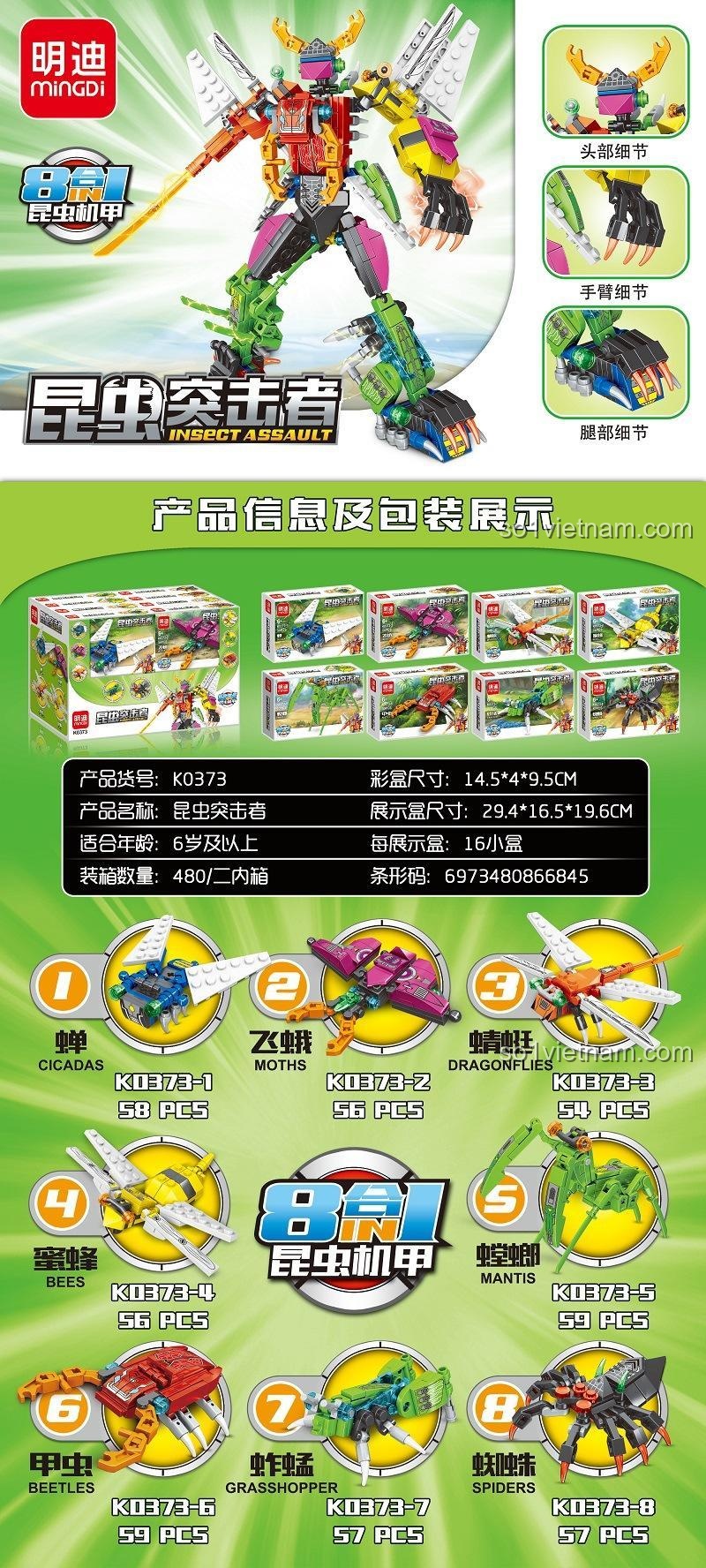 Thông tin chi tiết bộ lắp ghép Mingdi Leibao K0373 Robot Côn Trùng Đột Kích, bao gồm 8 mẫu côn trùng và mã số sản phẩm, giúp mẹ bé trai 6 tuổi dễ dàng lựa chọn.