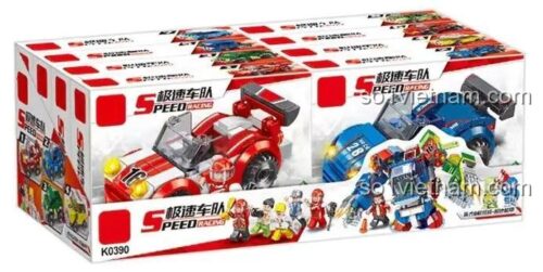 Hộp sản phẩm bộ lắp ghép minGDi LEIBAO K0390 Robot Biến Hình, 8 xe đua hợp thể robot, đồ chơi lắp ráp cho bé trai 6 tuổi, giá tiết kiệm