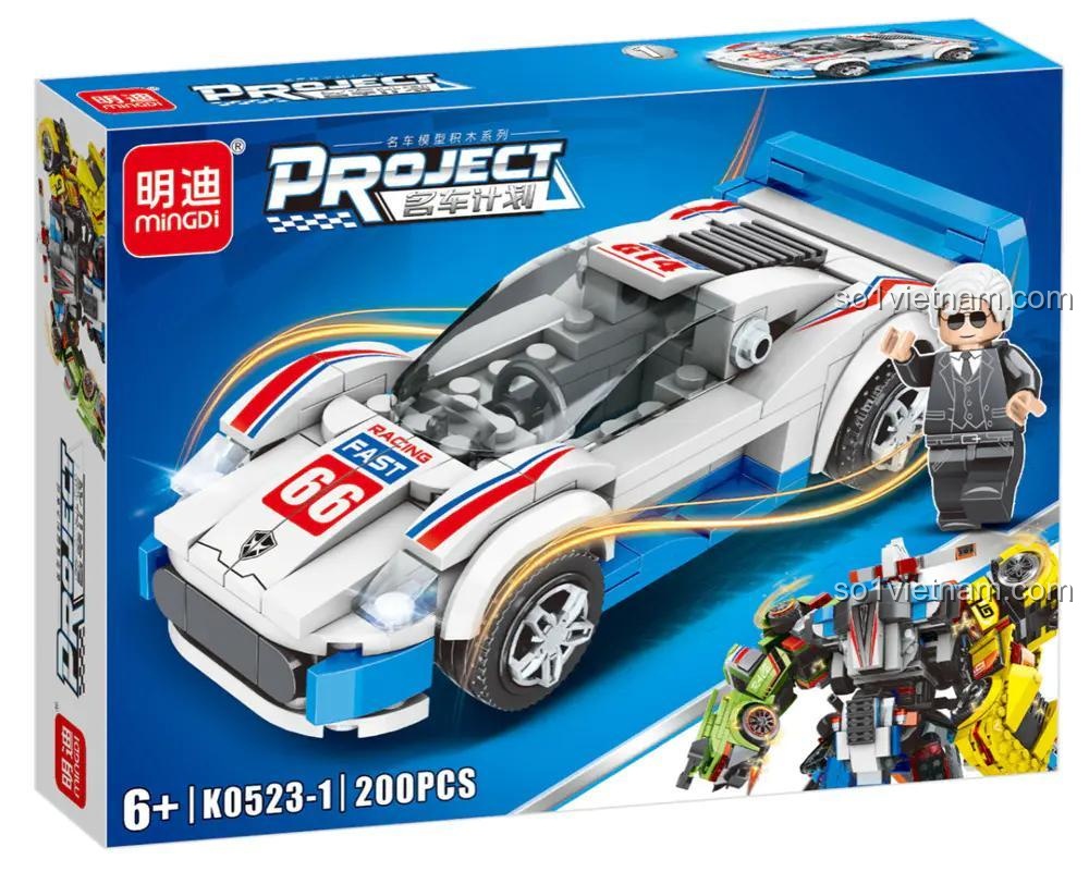 Bộ xếp hình Robot Chiến Đấu Hợp Thể MingDi K0523, siêu xe trắng số 66, đồ chơi cho bé trai 6 tuổi