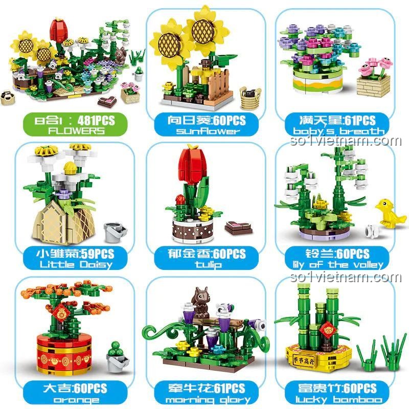 Các mẫu hoa lắp ráp từ bộ đồ chơi minGDi K0535: hoa hướng dương, hoa baby's breath, hoa tulip, hoa lily of the valley, hoa cúc nhỏ, cây tre may mắn, cây cam, hoa glory buổi sáng, cảnh quan Nhật Bản, đồ chơi xếp hình cho bé gái 6 tuổi, chất lượng cao