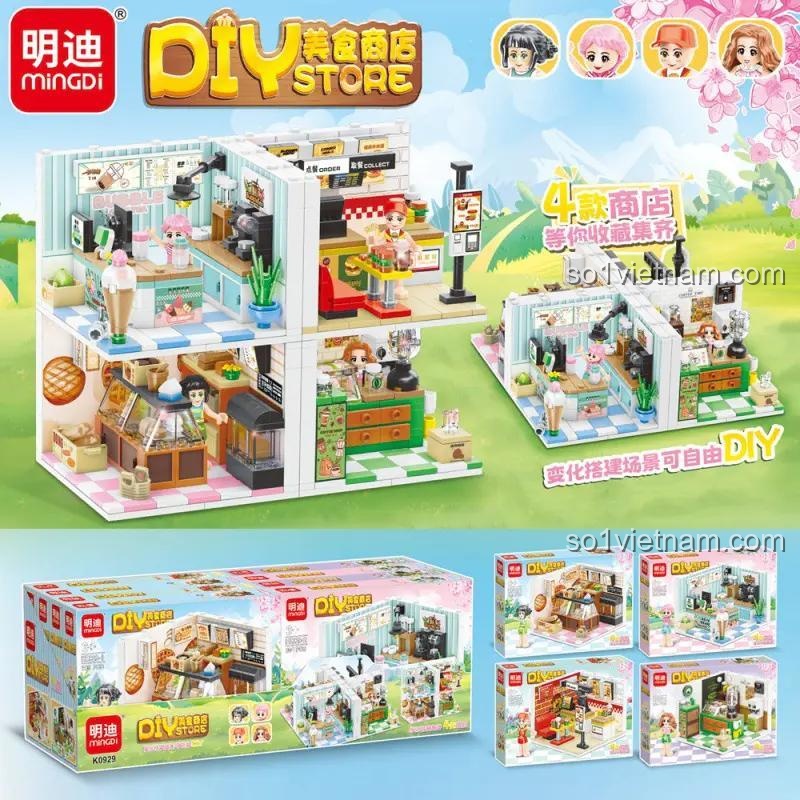 Mingdi K0929 bộ đồ chơi Cửa hàng ẩm thực, đồ chơi lắp ghép Tiệm bánh mì, bộ xếp hình Quán cà phê, đồ chơi lắp ráp Tiệm trà sữa, cho bé gái 6 tuổi, giá tốt.