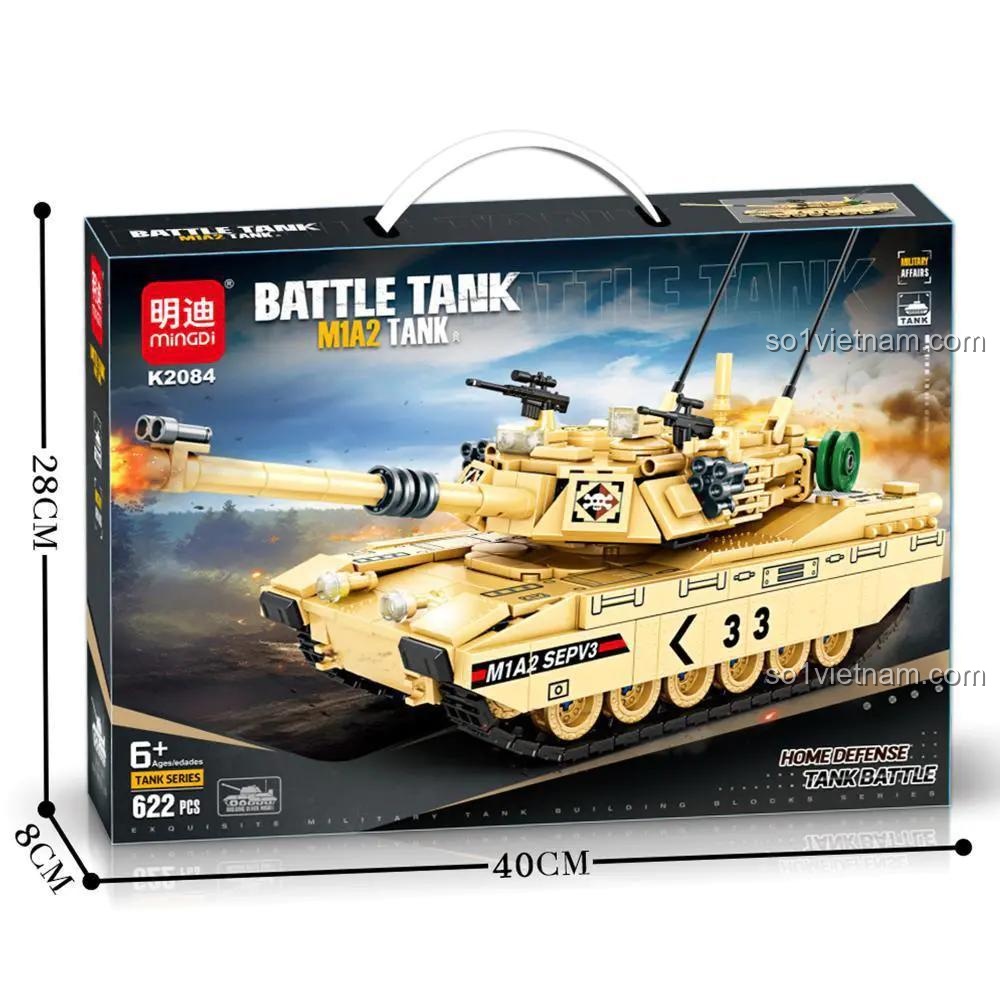 Hộp bộ lắp ghép Mingdi Leibao K2084 Xe tăng quân sự M1A2 Abrams 622 mảnh ghép, kích thước hộp 40x28x8cm, đồ chơi xây dựng cho bé trai 6 tuổi