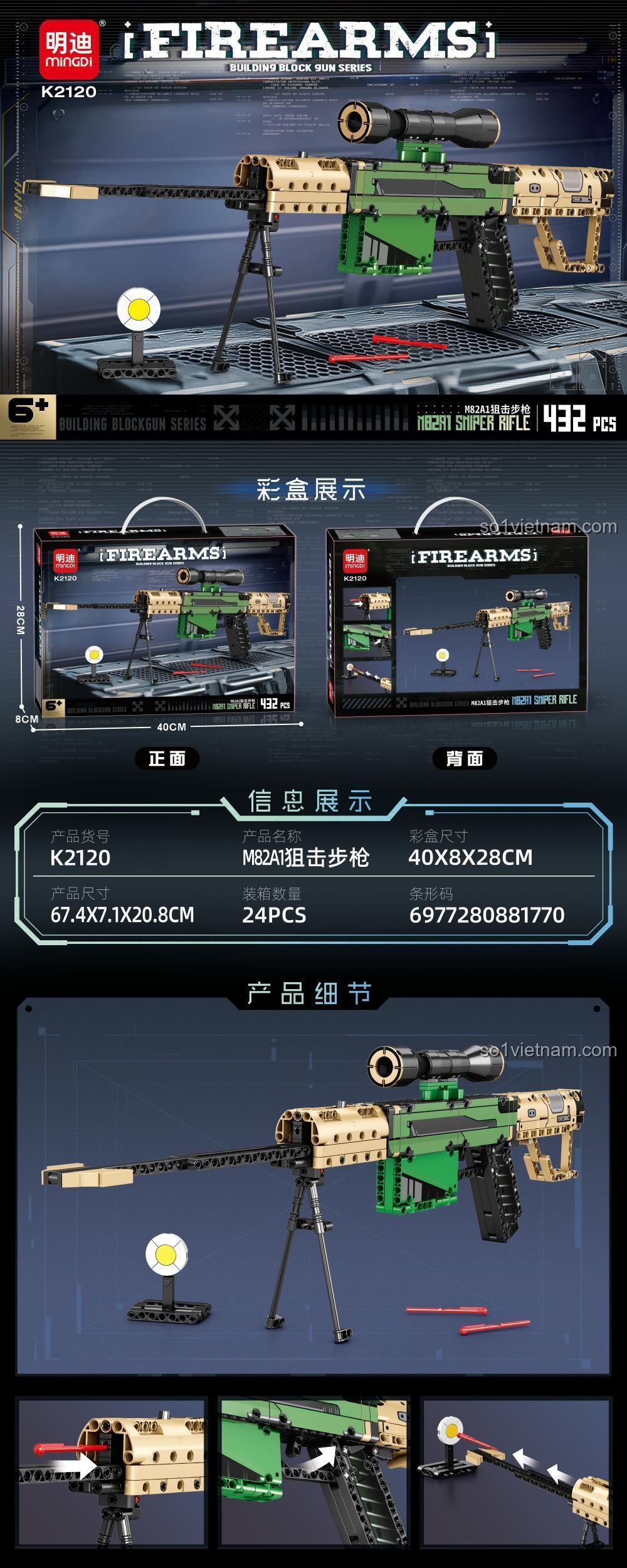 đồ chơi mô hình Súng bắn tỉa M82A1 Leibao K2120 chi tiết, có cơ chế bắn đạn nhựa, phù hợp bé trai 6 tuổi