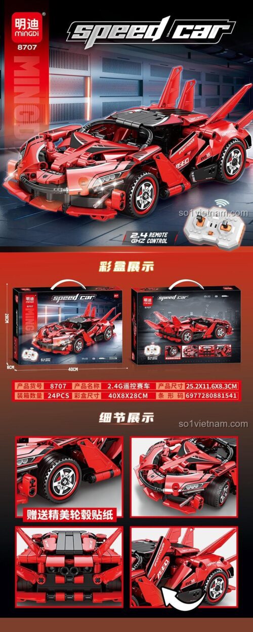 Mô hình Mingi 8707 Xe Đua Tốc Độ Điều Khiển Từ Xa, bộ lắp ráp xe đua tốc độ cao cho bé trai 14 tuổi, có đèn LED và tần số 2.4Ghz