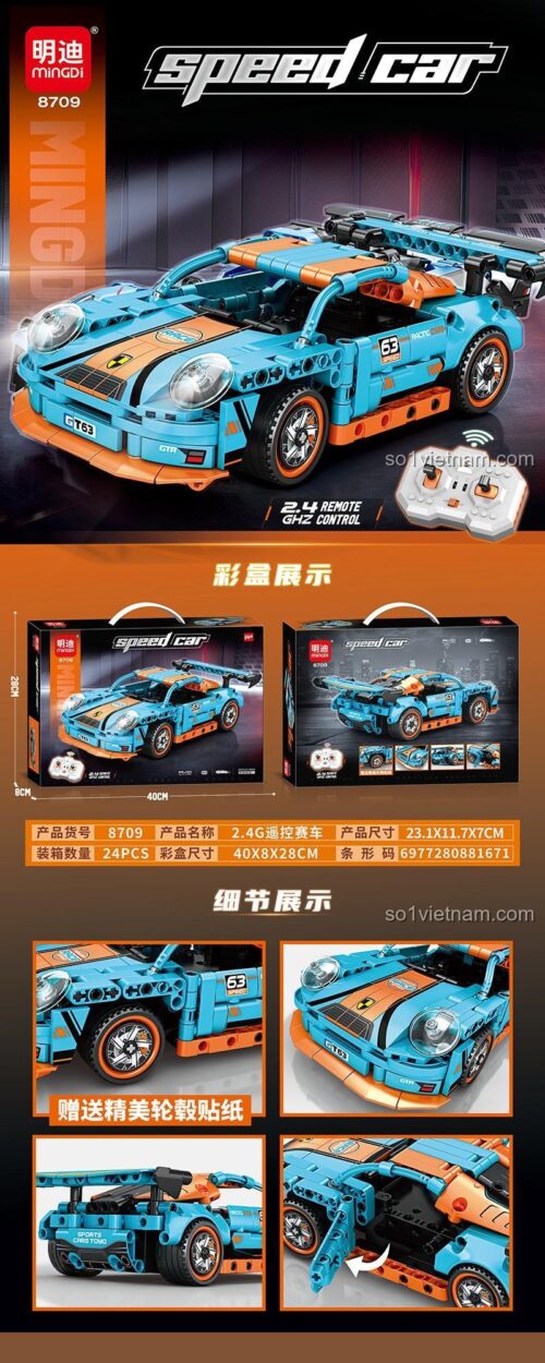 Mô hình Mingi 8709 Xe Đua Tốc Độ Điều Khiển Từ Xa màu xanh cam, đồ chơi lắp ghép kỹ thuật cho bé 14 tuổi