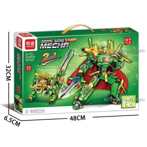 Hộp sản phẩm bộ lắp ghép Zodiac Signs Mecha: Mậu Tuất K0764 của Mingi, kích thước 48x32x6.5cm, 563 mảnh, 2 kiểu lắp ráp, màu xanh lá và vàng, phù hợp cho bé trai 6 tuổi