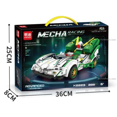 Hộp sản phẩm xe đua siêu tốc Mingi K2223, kích thước 36x8x25cm, có hình ảnh mô hình xe, thông số 299 mảnh, độ tuổi 6+