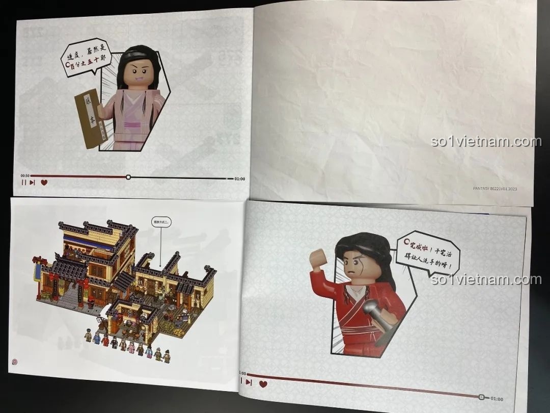 Minh họa vui nhộn với minifigures trong sách hướng dẫn lắp ráp bộ đồ chơi mô hình Pantasy 86221.