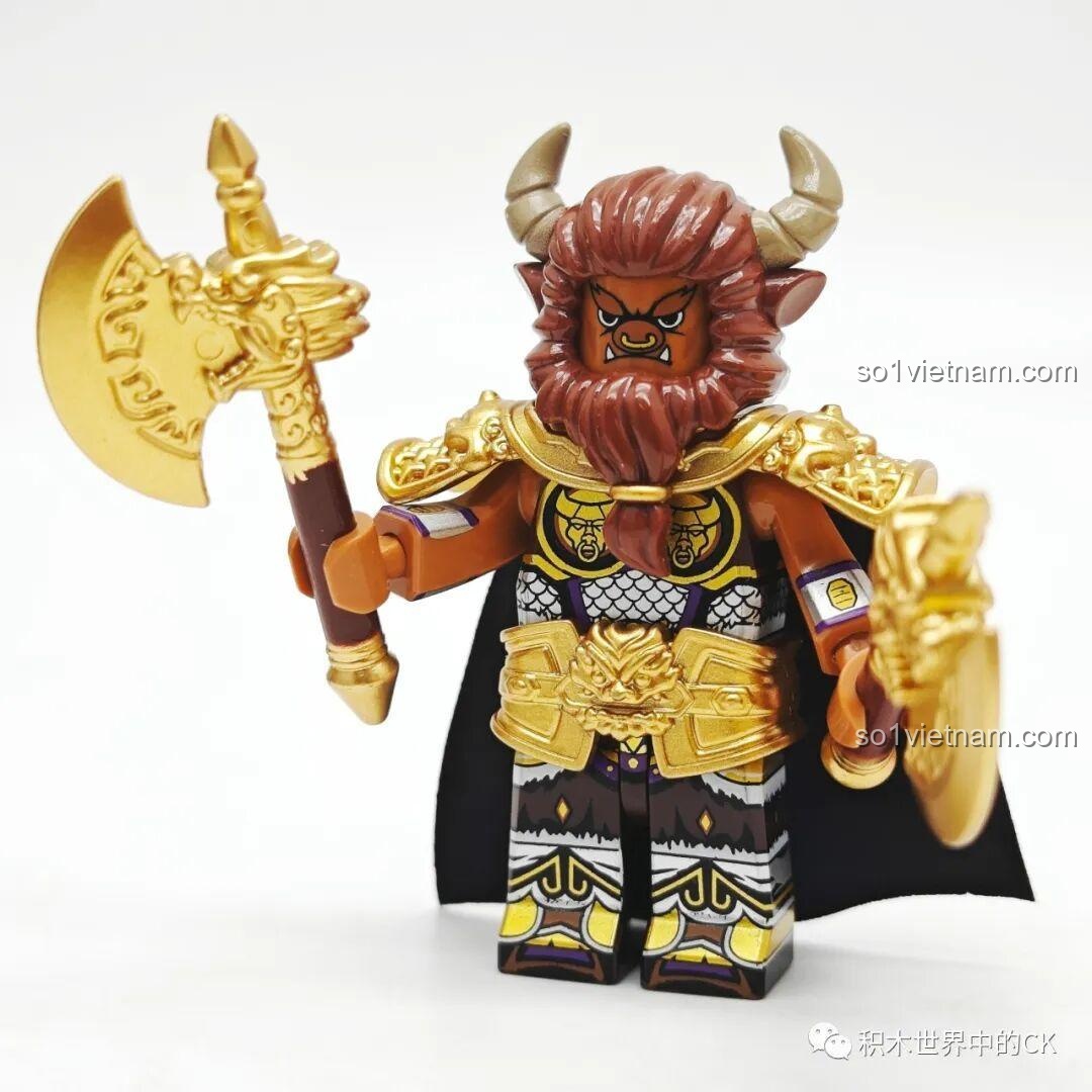 Minifigure Ngưu Ma Vương hoàn chỉnh với râu, sừng, giáp vai và vũ khí, một mô hình nhân vật Tây Du Ký cực chất.