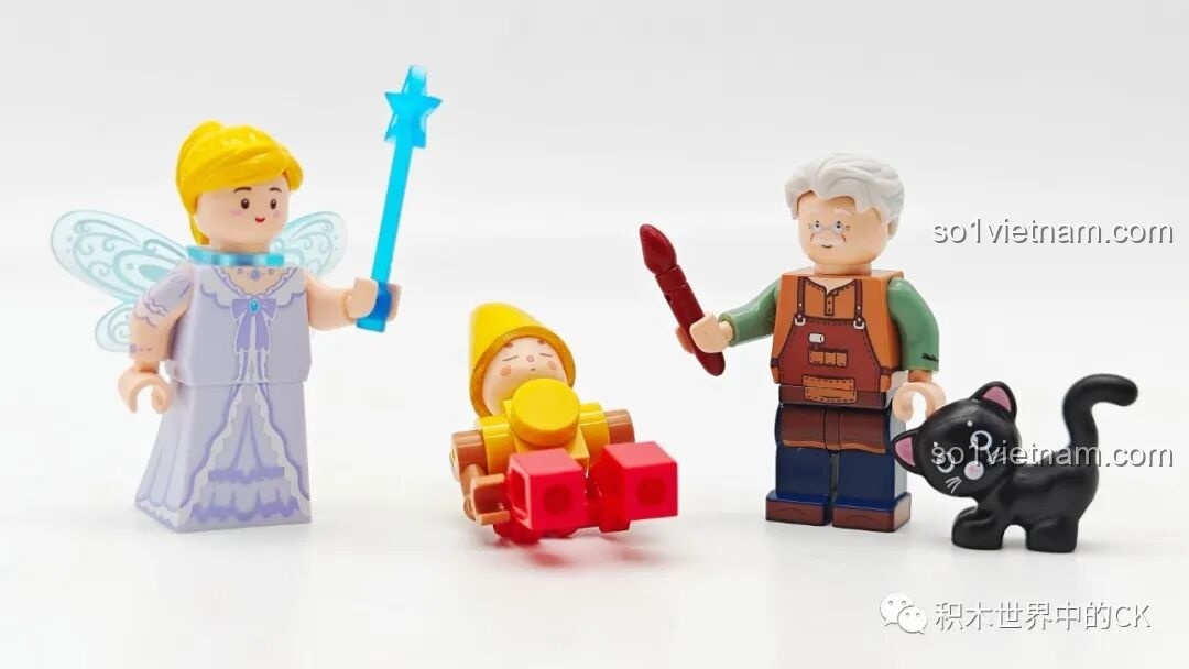 Các minifigures đi kèm bộ Wekki 506186 Pinocchio: Thợ mộc Geppetto, Tiên xanh, Pinocchio chưa thành hình và Mèo đen.