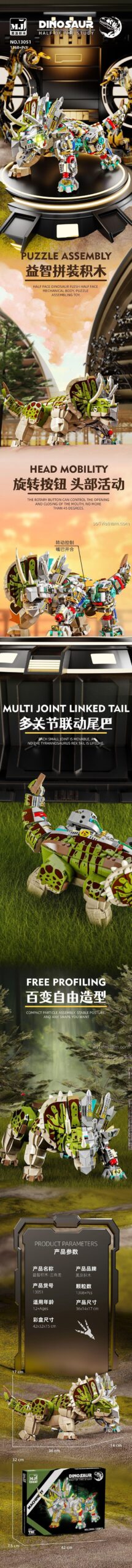 Tính năng nổi bật của đồ chơi mô hình Triceratops nửa máy MJ 13051. Các khớp linh hoạt, đuôi nhiều khớp, thiết kế chi tiết.
