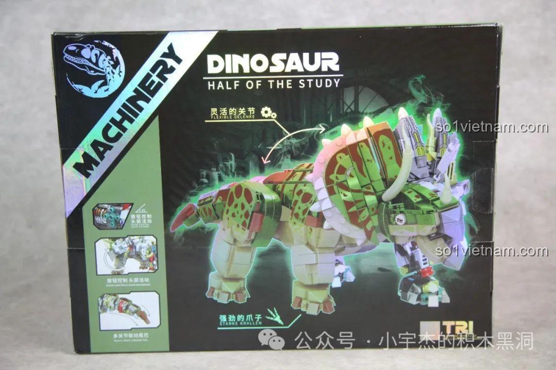 Mặt sau hộp bộ lắp ghép MJ 13051 thể hiện các khớp linh hoạt của khủng long.