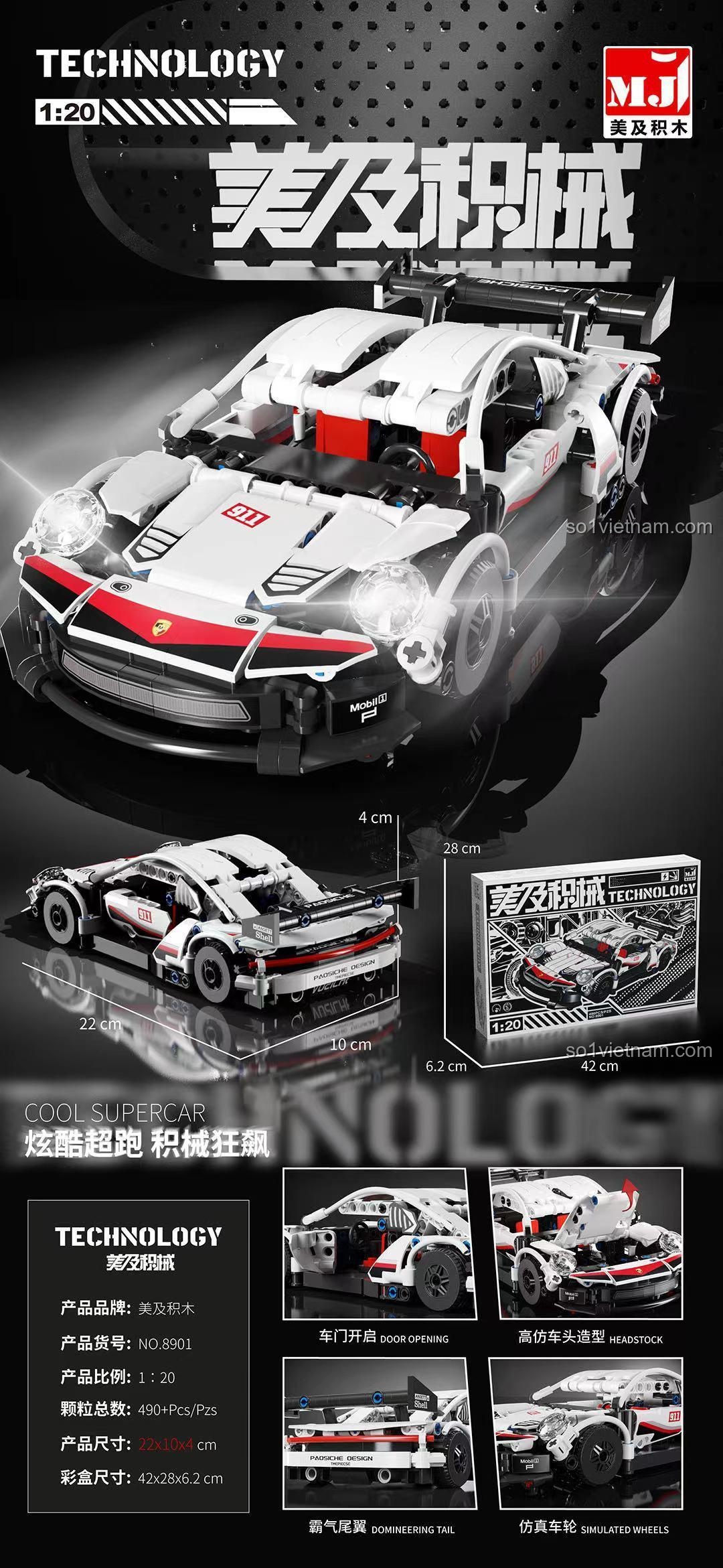 Mô hình Porsche 911 MJ Bricks 8901 đã lắp ráp, thể hiện kích thước 22x10x4cm, đồ chơi mô hình siêu xe cho bé trai 6 tuổi, chất lượng cao