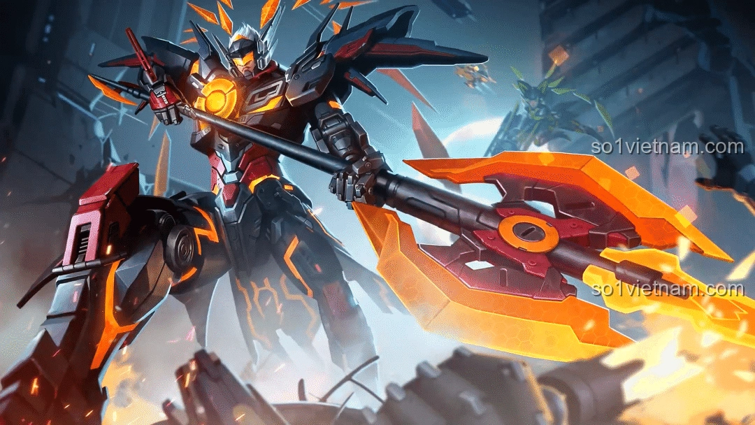 Hình ảnh concept art của Mô hình Cơ Giáp Lữ Bố Mạt Nhật trong game Vương Giả Vinh Diệu, thể hiện sự uy lực và thiết kế công nghệ cao của robot Lữ Bố Doomsday Mecha.