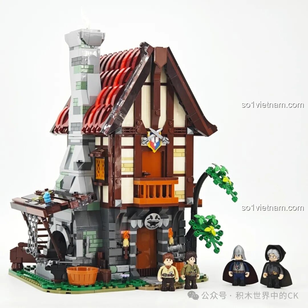 Mô hình Funwhole F9040 Xưởng Rèn Trung Cổ đã hoàn thiện cùng với 4 minifigures, sẵn sàng để trưng bày.