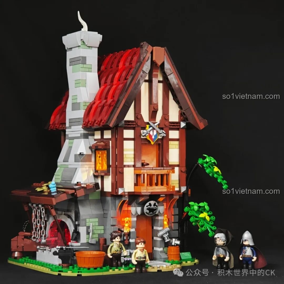 Ảnh chụp tổng thể mô hình Funwhole F9040 Xưởng Rèn Trung Cổ đã hoàn thiện cùng 4 minifigures đứng phía trước.