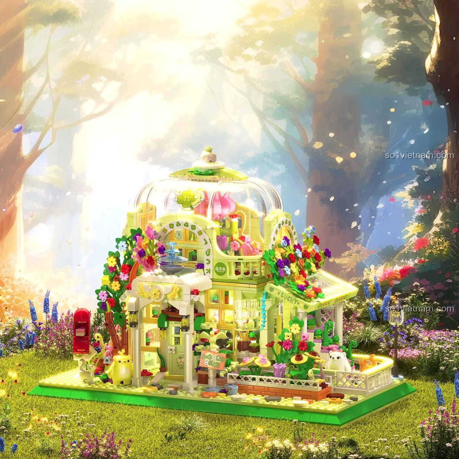 Mô hình lắp ráp ZHEGAO 612002 Vườn Thực Vật Nắng Mai trong khung cảnh rừng cây huyền ảo, màu xanh lá chủ đạo, phù hợp cho bé gái 14 tuổi, đồ chơi sáng tạo, quà tặng ý nghĩa.