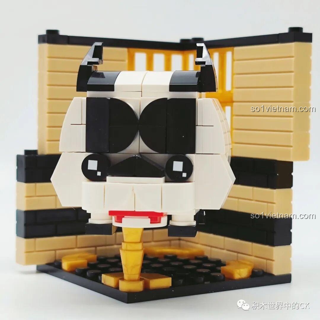 Mô hình lắp ráp hoàn chỉnh Khối Rubik Động Vật LQFUN hình chú chó vớiฉาก nền chuồng chó màu vàng.