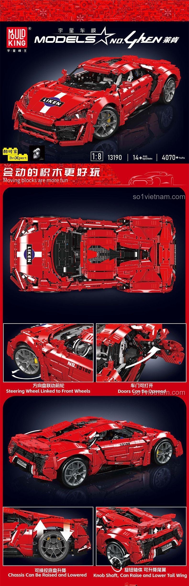 MouldKing 13190 Siêu xe Lykan Đỏ Đen Trắng Xám Tỉ lệ 1:8 Điều khiển từ xa Cửa mở cánh chim Đồ chơi lắp ghép cho bé trai 14 tuổi