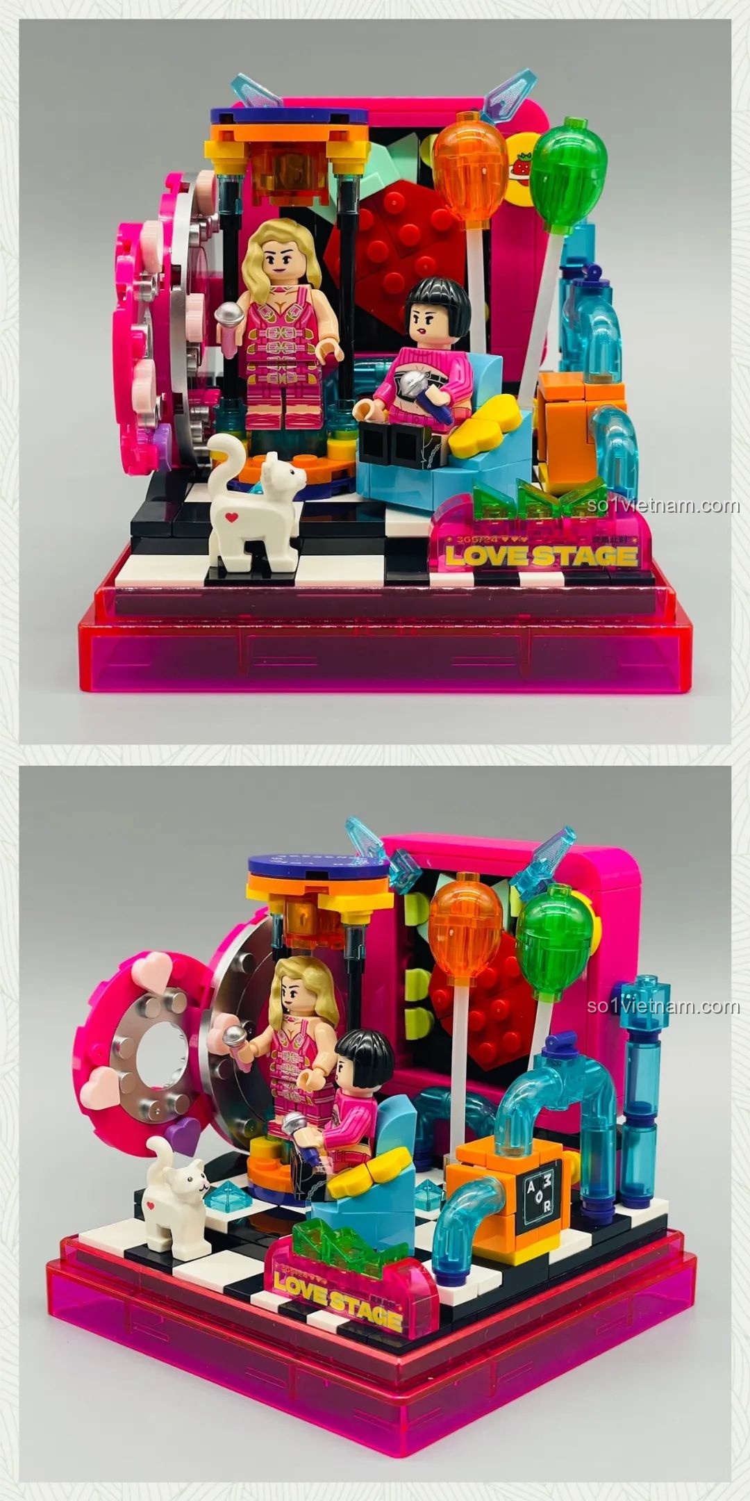 Mô hình sân khấu âm nhạc Ái Vũ Đài AREA-X AB0006 đã hoàn thiện, nhìn từ góc trên, với các chi tiết đèn và minifigures.