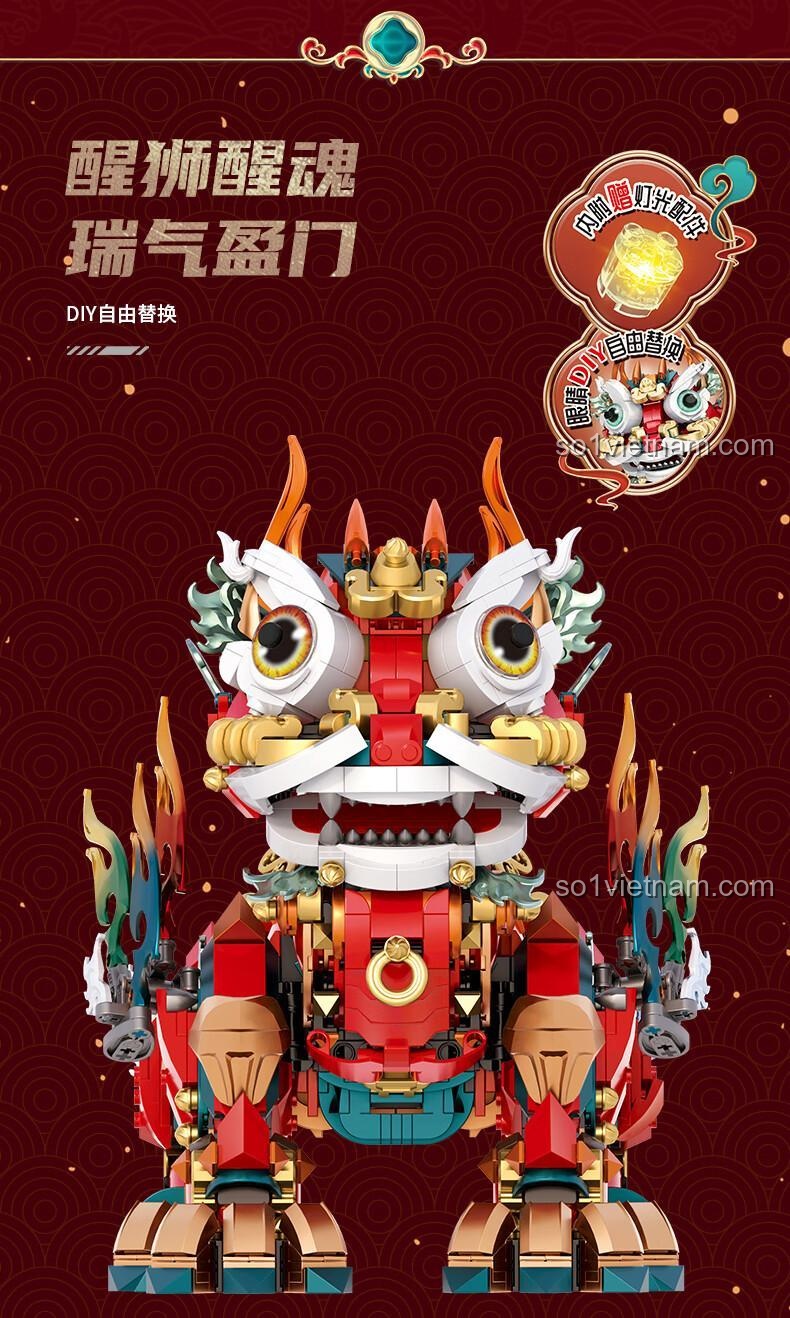 Mô hình Sư tử Trung Hoa "Tài Lộc Đầy Nhà" 1966 mảnh, đồ chơi lắp ghép 炽造社 D2202, có thể thay đổi khuôn mặt