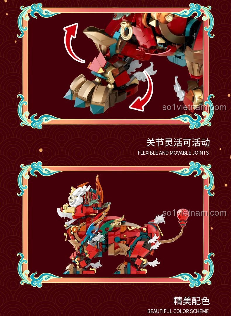 Mô hình Sư tử Trung Hoa "Tài Lộc Đầy Nhà" 1966 mảnh, đồ chơi lắp ghép 炽造社 D2202, các mảnh ghép khít