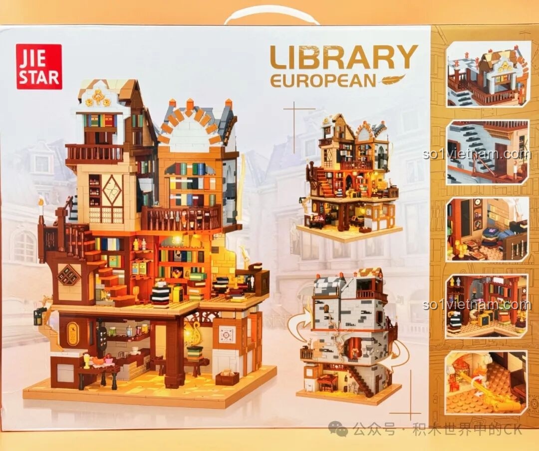 Mặt sau hộp JIESTAR 57016 Thư viện Châu Âu, hiển thị các góc nhìn khác nhau của mô hình và chi tiết nội thất.