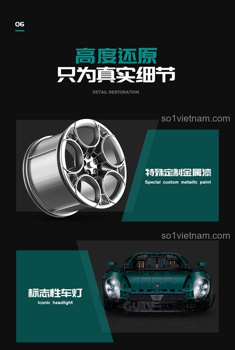 Mô hình siêu xe Alfa Romeo màu xanh lá, tỉ lệ 1:8, bộ lắp ghép 古励GULY 10621, ở chế độ "Explosive Armor Mode"