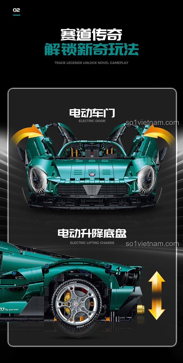 Mô hình siêu xe Alfa Romeo màu xanh lá, tỉ lệ 1:8, bộ lắp ghép 古励GULY 10621, nhìn từ bên cạnh