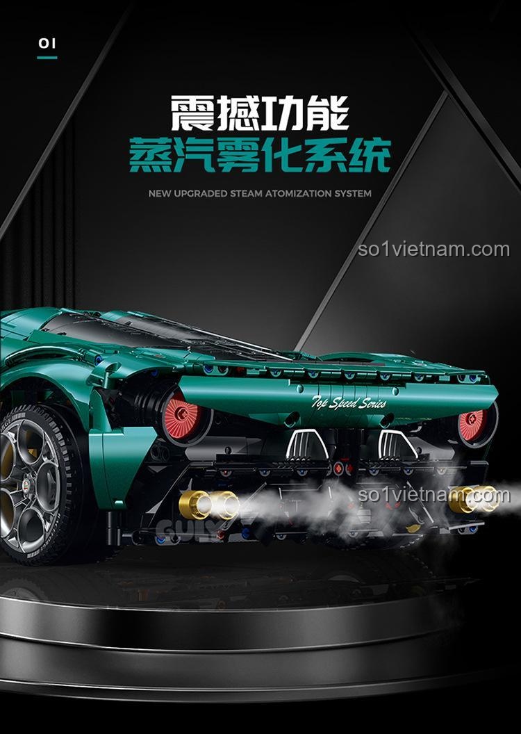 Mô hình siêu xe Alfa Romeo màu xanh lá, tỉ lệ 1:8, bộ lắp ghép 古励GULY 10621, nhìn từ phía sau, có chi tiết ống xả và đèn hậu