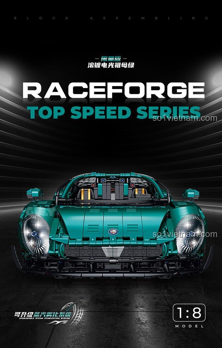 Mô hình siêu xe Alfa Romeo màu xanh lá, tỉ lệ 1:8, bộ lắp ghép 古励GULY 10621, nhìn từ phía trước, có đèn pha LED