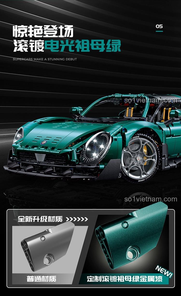 Mô hình siêu xe Alfa Romeo màu xanh lá, tỉ lệ 1:8, bộ lắp ghép 古励GULY 10621, với cửa xe mở điện