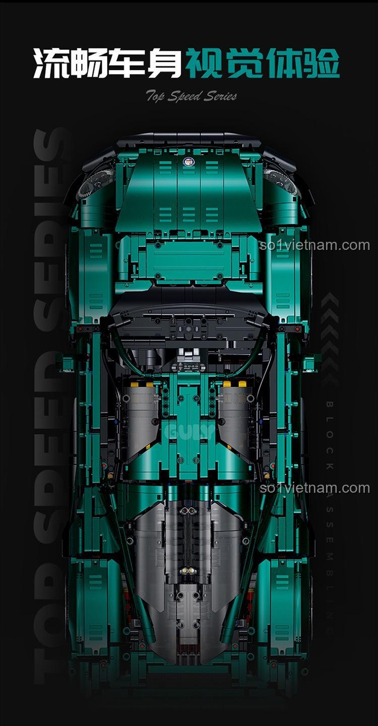 Mô hình siêu xe Alfa Romeo màu xanh lá, tỉ lệ 1:8, bộ lắp ghép 古励GULY 10621, cho thấy động cơ mô phỏng