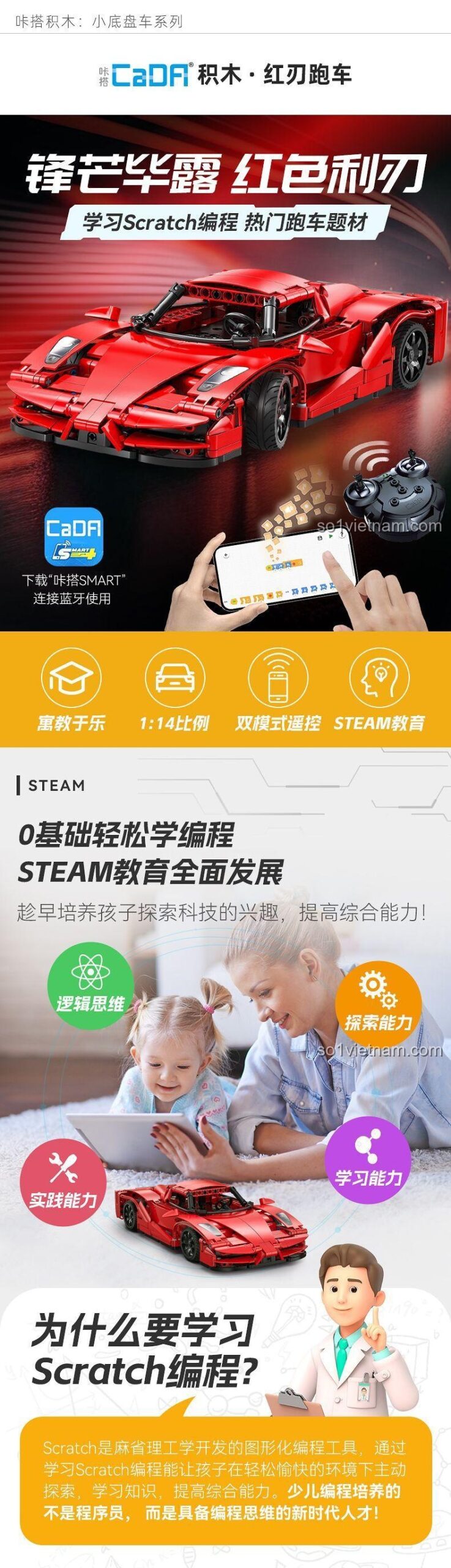 Chi tiết lắp ráp của mô hình Siêu xe Red Blade CaDA C51304, thể hiện các bộ phận Technic