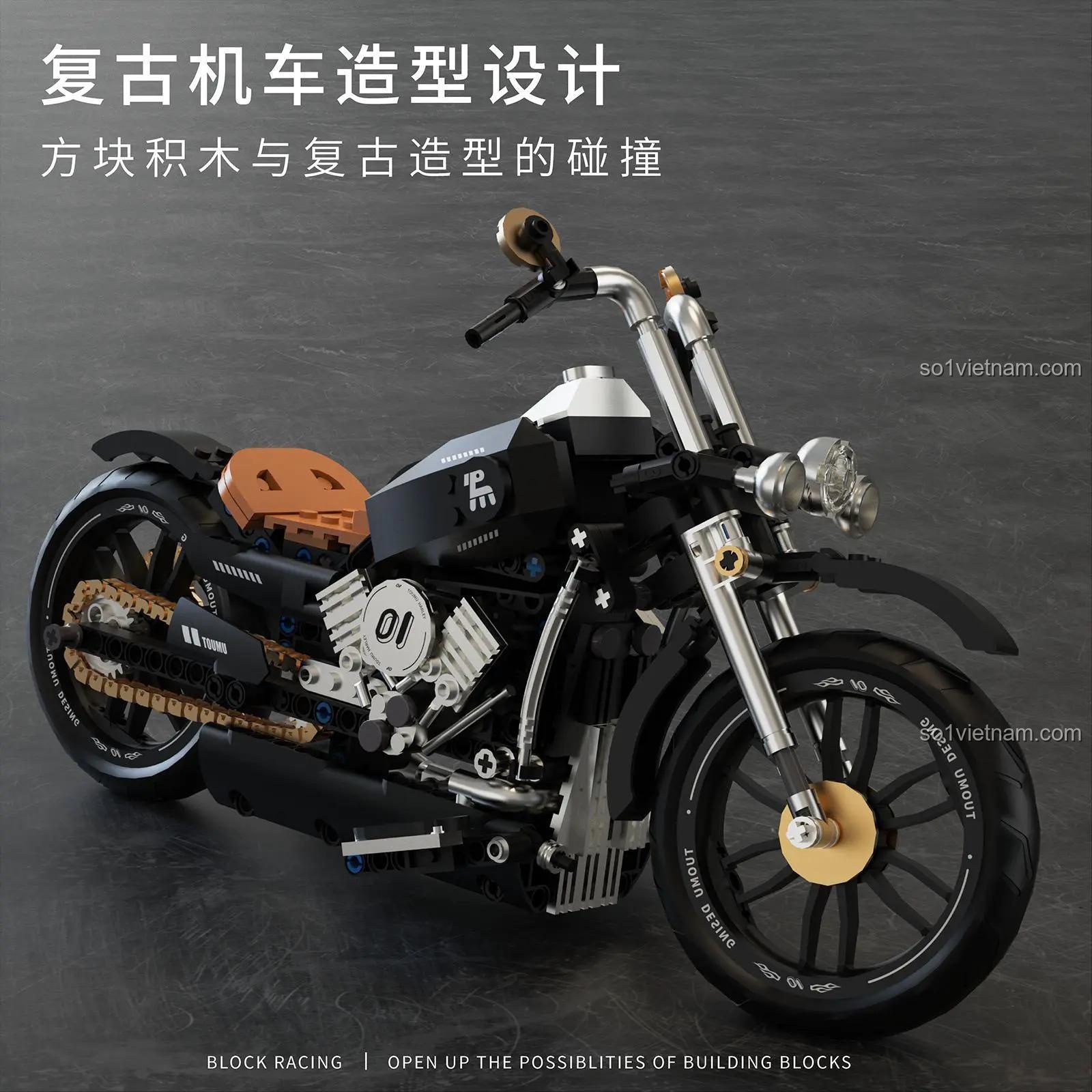 Mô hình xe máy Harley-Davidson cổ điển 拓木 T1007, chi tiết động cơ, bộ lắp ghép Technic cho bé 8 tuổi, 445 mảnh ghép, giá tốt