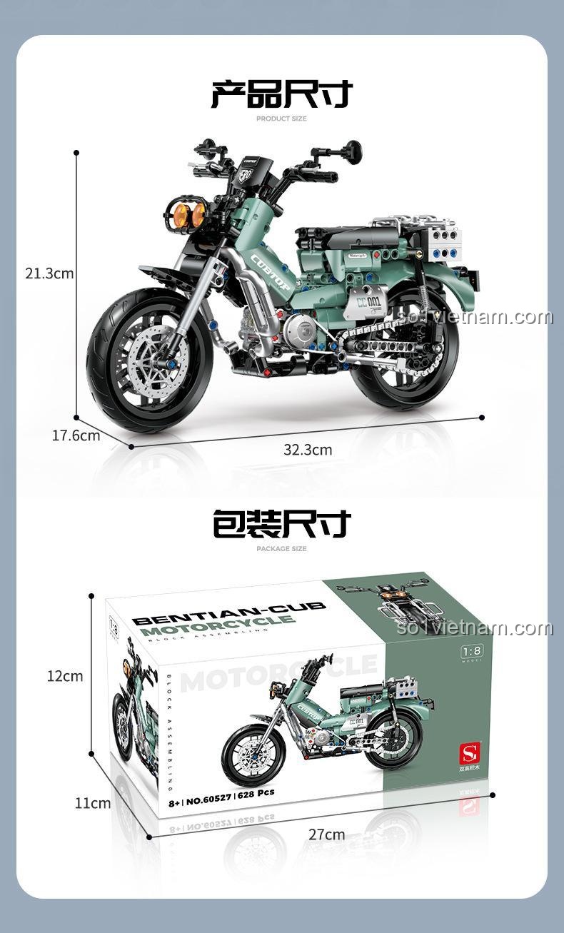 Bánh xe chi tiết của mô hình xe máy Honda Cub lắp ráp, bộ đồ chơi Technic 628 chi tiết, tỉ lệ 1:8.