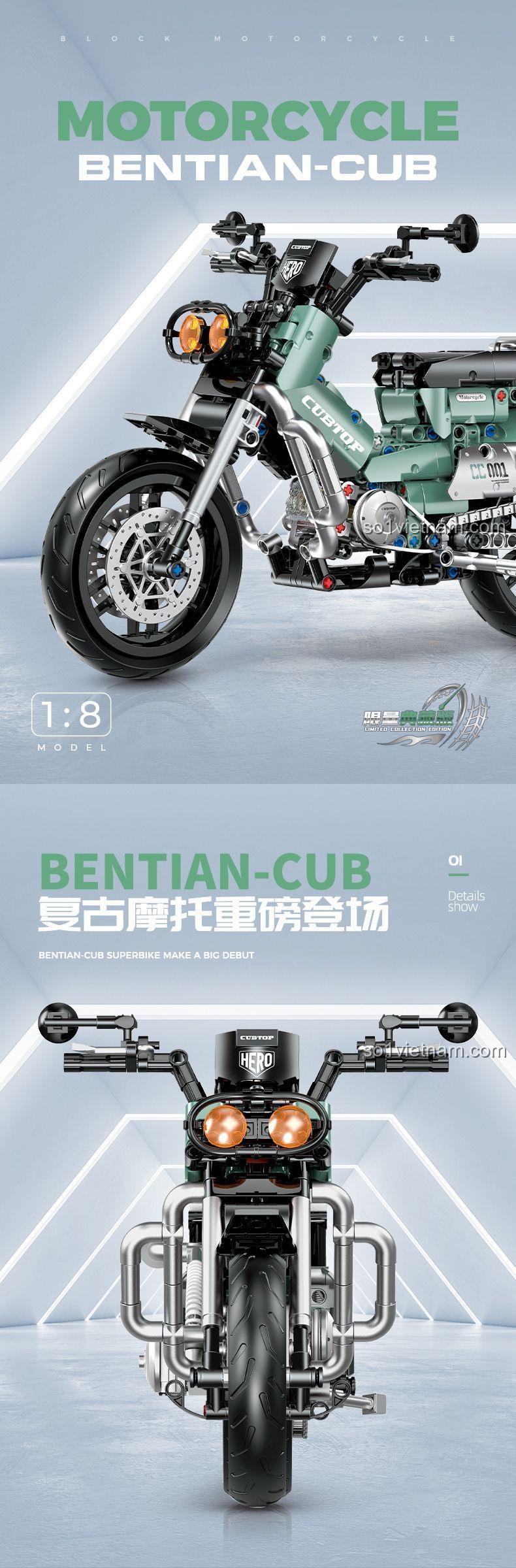 Chi tiết động cơ phức tạp của mô hình xe máy Honda Cub lắp ráp, bộ đồ chơi Technic 628 chi tiết, tỉ lệ 1:8.