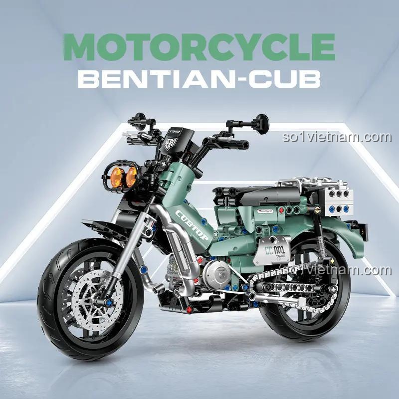 Mô hình xe máy Honda Cub lắp ráp chi tiết, bộ đồ chơi Technic 628 mảnh, tỉ lệ 1:8, màu xanh lá, đen, xám, phù hợp cho bé trai 8 tuổi.