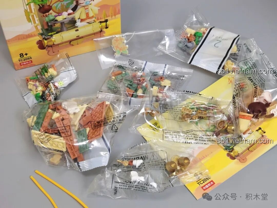 Bên trong hộp đồ chơi lắp ráp TOP TOY Nanci Mùa Thu với các túi chi tiết.