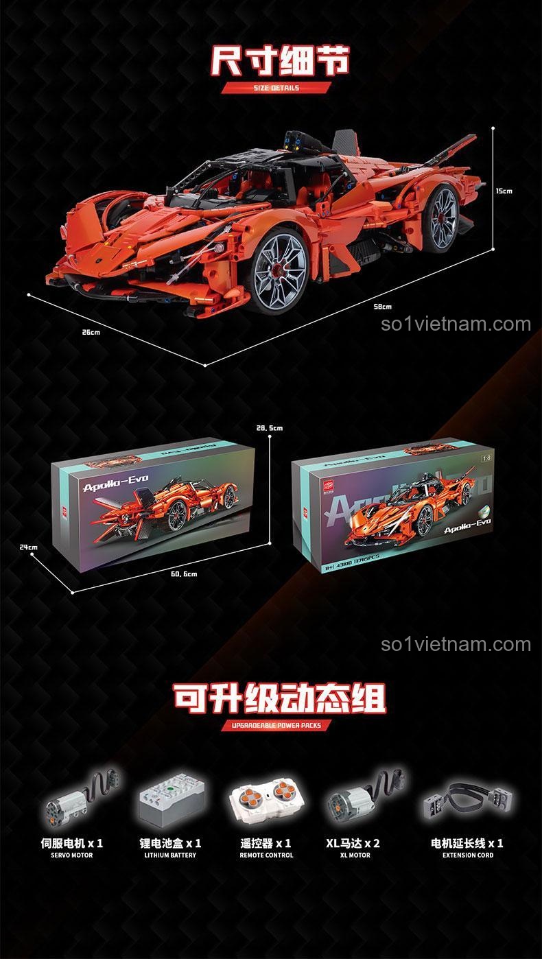 Chi tiết mô hình siêu xe Apollo-Evo màu đỏ, bộ lắp ghép Technic 3785 chi tiết, đồ chơi cho bé trai 8 tuổi