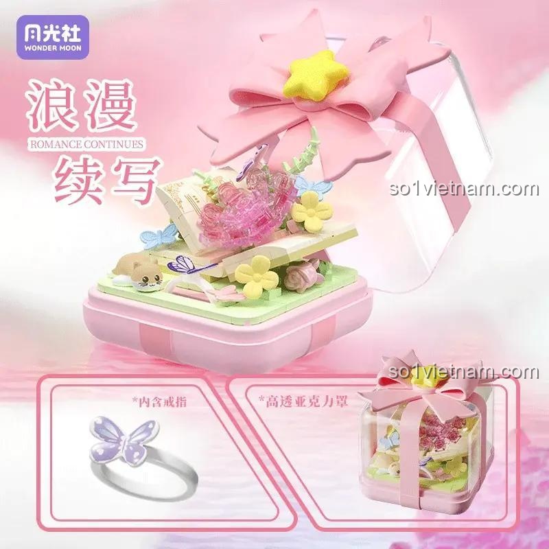 Sản phẩm Hộp Nhẫn Ước Nguyện 月光社 804421, bao gồm nhẫn hình bướm và hộp trong suốt có nơ, phù hợp cho bé gái 6 tuổi, đồ chơi sáng tạo, món quà lãng mạn