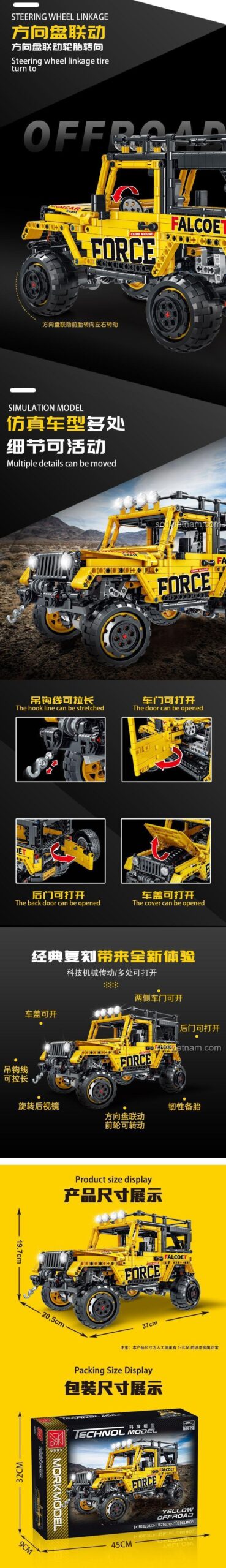 Chi tiết các tính năng cơ động của Xe off-road MORKMODEL: vô lăng liên kết bánh xe, cửa mở được, nắp capo mở được.