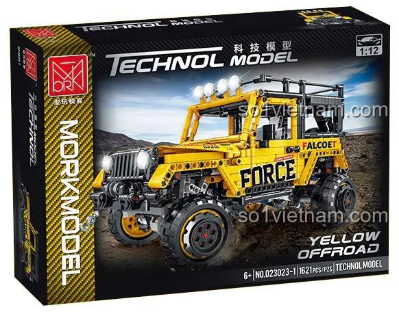 Hình ảnh hộp của đồ chơi mô hình MORKMODEL 023023-1, thể hiện rõ chiếc xe Jeep địa hình và thông tin 1621 chi tiết.