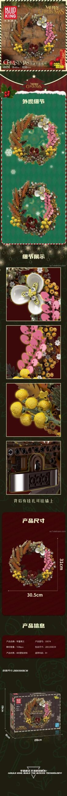 Chi tiết Vòng hoa Giáng sinh bằng hoa khô Mould King 10074, 1038 mảnh ghép, màu vàng, hồng, nâu, trắng, xanh lá