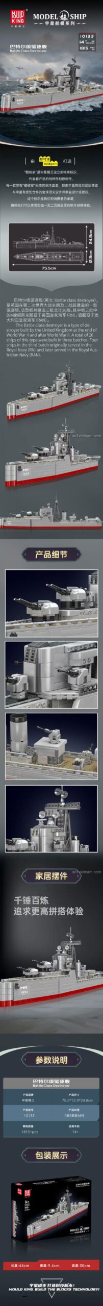 Chi tiết đồ chơi mô hình Tàu khu trục lớp Battle 10133 của Mould King, mô hình tàu chiến dài 75.5cm, chất lượng cao.