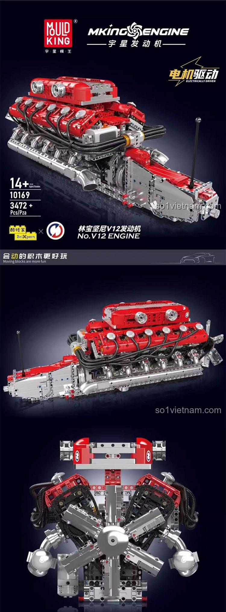 Mould King 10169 Động cơ V12 Lamborghini, chi tiết mô hình động cơ xe hơi V12 Lamborghini, bộ lắp ghép động cơ V12 Lamborghini, đồ chơi kỹ thuật cho bé 14 tuổi, giá tốt